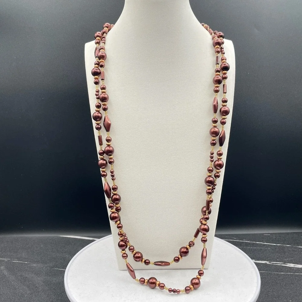 Vintage Burgundy Cord Classic Pearl Double Strand Beaded‎ Lobster Long Necklace